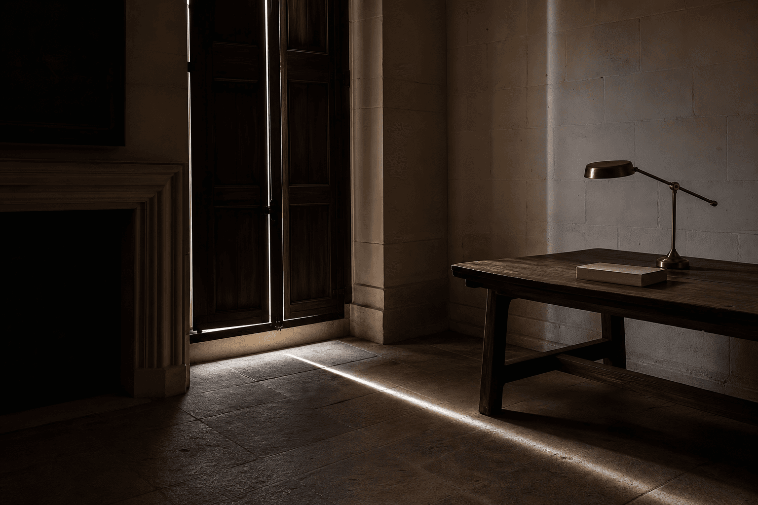 A dark limestone study at dusk: a walnut table, one closed book, a brass lamp, and a single blade of light on the floor