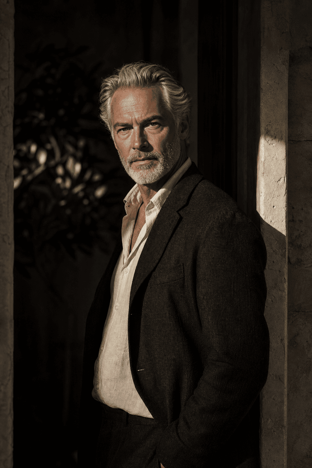 The Mentor, a made character, standing in the doorway of a limestone house in late afternoon light